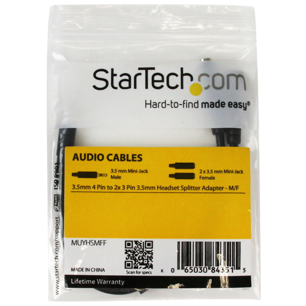 ヘッドフォン/マイク用ジャック付ヘッドセット対応アダプタ4極ミニプラグ(オス)-2x3極ミニジャック(メス)