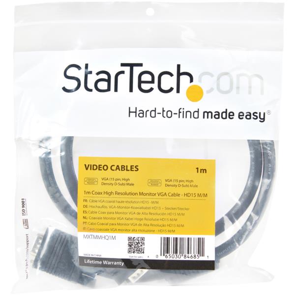 VGAケーブル1mブラック/D-Sub15ピンオス-オス/ビデオ信号の劣化を防ぐフェライトコア内蔵/対応解像度1920x1200/ライフタイム保証