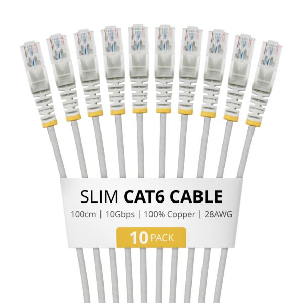 CAT6スリムLANケーブル/10本セット/1m/グレー/RJ45/100W PoE/UTP/LSZH/カテゴリ6