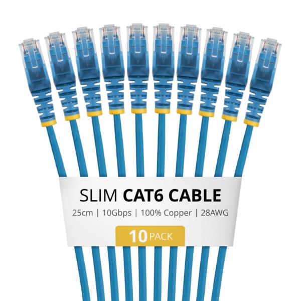 CAT6スリムLANケーブル/10本セット/25cm/ブルー/RJ45/100W PoE/UTP/LSZH/カテゴリ6