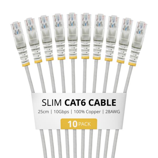 CAT6スリムLANケーブル/10本セット/25cm/グレー/RJ45/100W PoE/UTP/LSZH/カテゴリ6