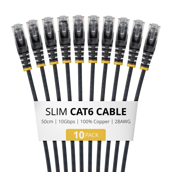 CAT6スリムLANケーブル/10本セット/50cm/ブラック/RJ45/100W PoE/UTP/LSZH/カテゴリ6