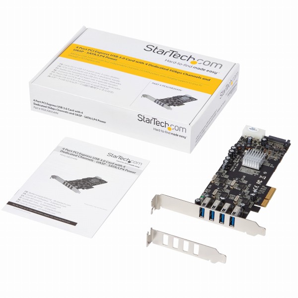 SuperSpeedUSB3.04ポート増設PCIExpress/PCIex4インターフェースカード4個の専用5GbpsチャネルUASP対応SATA(15ピン)/ペリフェラル(4ピン)電源端子付き