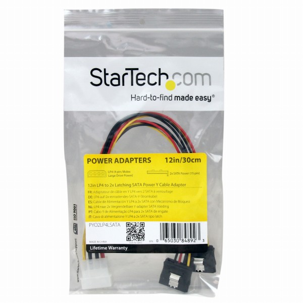 30cmペリフェラル電源-2xシリアルATA電源Y型分岐ケーブルペリフェラル電源コネクタ(オス/4ピン)-SATA電源コネクタ(メス/15ピン)