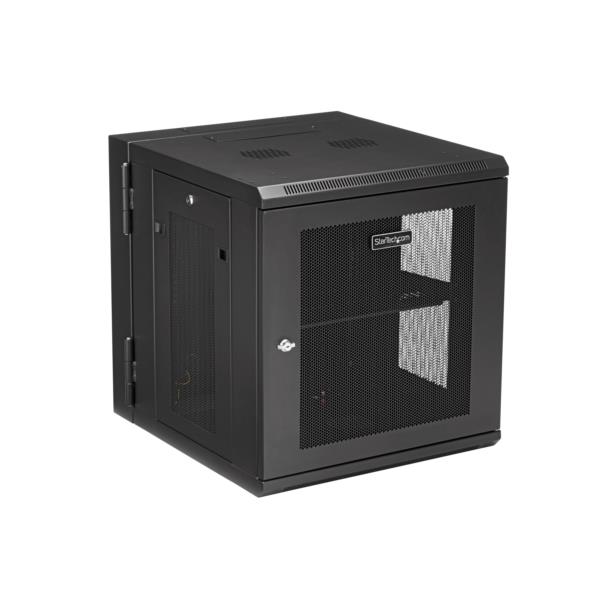 19インチサーバーラック/12U/4ポスト/壁掛けタイプ/取付奥行6cm-50cm/ロック付きラックキャビネット/通気スリット・メッシュ/180度ヒンジ