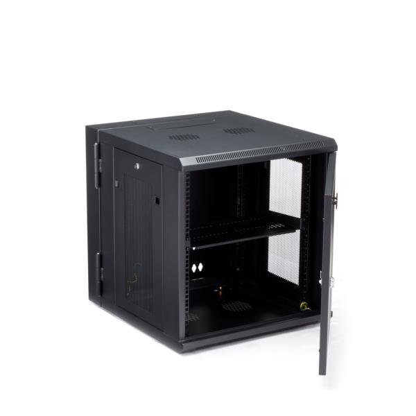 19インチサーバーラック/12U/4ポスト/壁掛けタイプ/取付奥行6cm-50cm/ロック付きラックキャビネット/通気スリット・メッシュ/180度ヒンジ