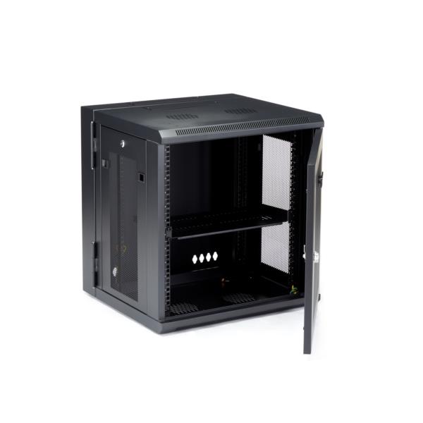 19インチサーバーラック/12U/4ポスト/壁掛けタイプ/取付奥行5cm-41cm/ロック付きラックキャビネット/通気スリット・メッシュ/180度ヒンジ