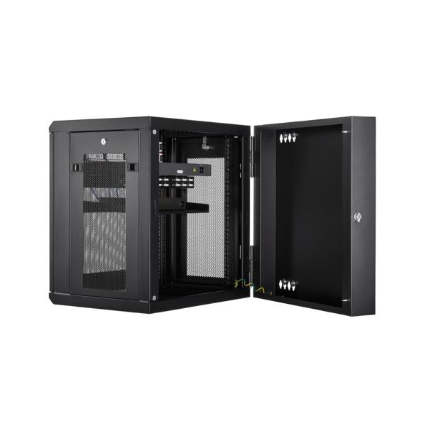 19インチサーバーラック/12U/4ポスト/壁掛けタイプ/取付奥行5cm-41cm/ロック付きラックキャビネット/通気スリット・メッシュ/180度ヒンジ