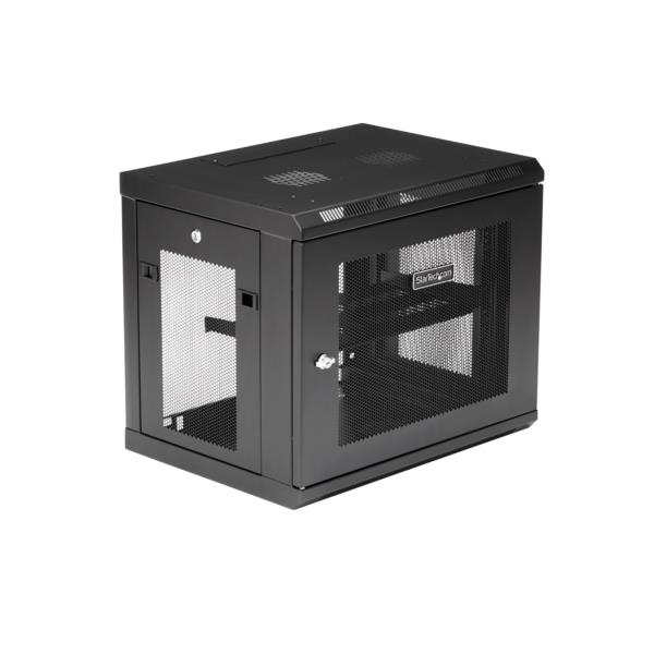 19インチサーバーラック/9U/2ポスト/壁掛けタイプ/取付奥行15cm-38cm/ロック付きラックキャビネット/通気スリット・メッシュ