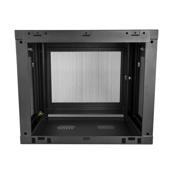 19インチサーバーラック/9U/2ポスト/壁掛けタイプ/取付奥行15cm-38cm/ロック付きラックキャビネット/通気スリット・メッシュ