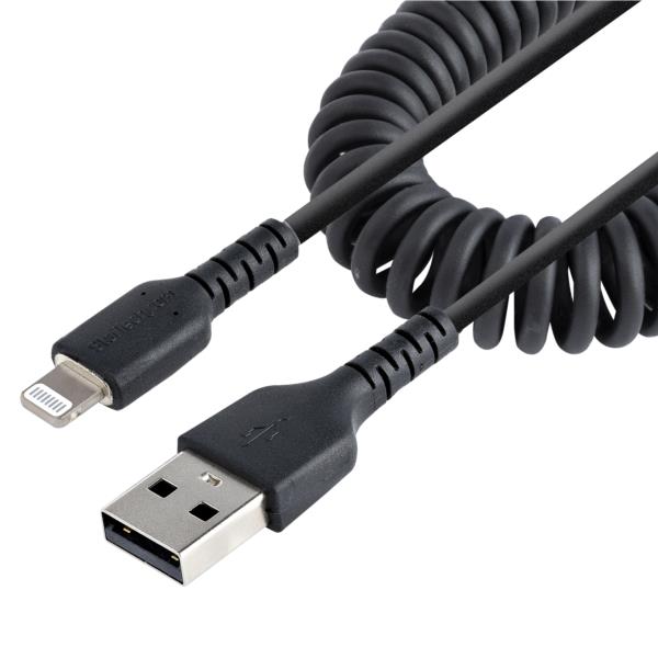 高耐久Lightning-USB-Aケーブル1mコイル(伸縮)型/ブラック/アラミド繊維補強/MFi認証/iPhone充電ケーブル/カールコード