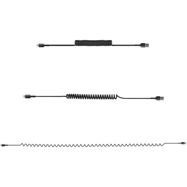 高耐久Lightning-USB-Aケーブル1mコイル(伸縮)型/ブラック/アラミド繊維補強/MFi認証/iPhone充電ケーブル/カールコード
