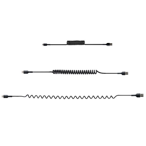 高耐久Lightning-USB-Aケーブル50cmコイル(伸縮)型/ブラック/アラミド繊維補強/MFi認証/iPhone充電ケーブル/カールコード