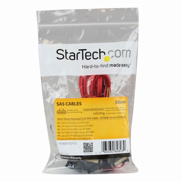 50cm内部MiniSASケーブルSFF8087(36ピン/オス)-4xSFF8482(29ピン/メス)+4xSATA電源(15ピン/オス)