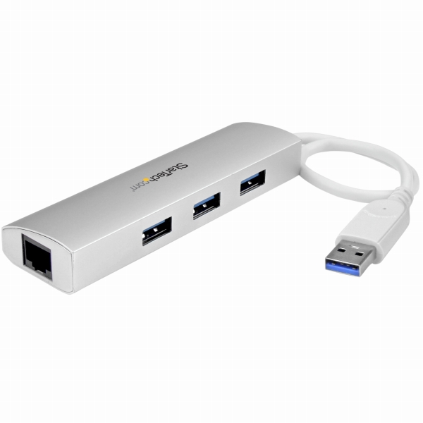 3ポートポータブルUSB3.0ハブ(ギガビットイーサネット対応LANアダプタ内蔵)シルバー&ホワイトアルミケース