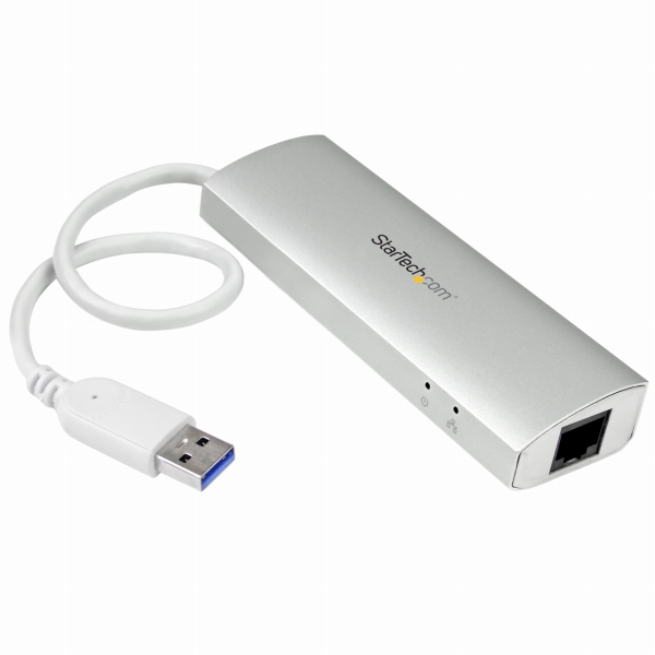 3ポートポータブルUSB3.0ハブ(ギガビットイーサネット対応LANアダプタ内蔵)シルバー&ホワイトアルミケース