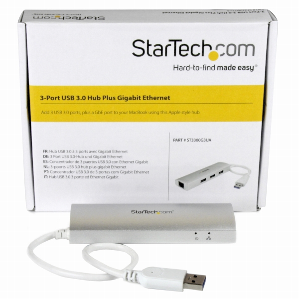 3ポートポータブルUSB3.0ハブ(ギガビットイーサネット対応LANアダプタ内蔵)シルバー&ホワイトアルミケース