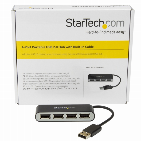 4ポートUSB2.0ハブ本体一体型ケーブル付きコンパクトミニUSBハブバスパワー対応