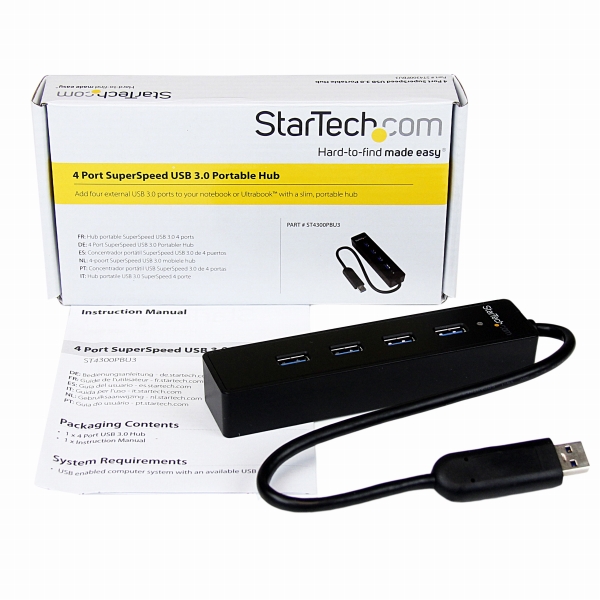 4ポートSuperSpeedUSB3.0ハブポータブルミニUSBHub1xUSB3.0A(オス)-4xUSB3.0A(メス)接続ケーブル内蔵ブラック