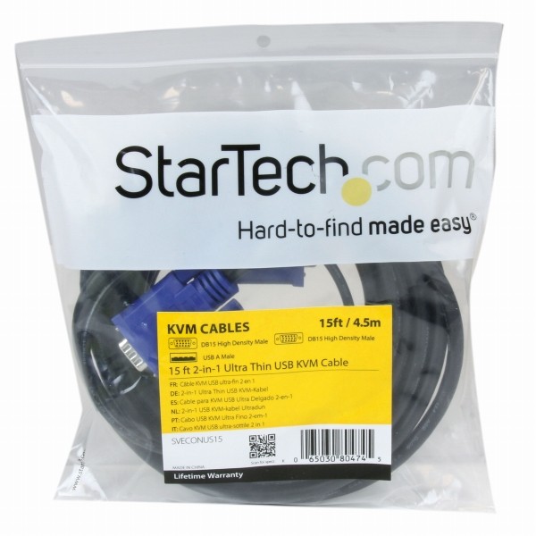 4.5mウルトラスリム型パソコン自動切替器専用KVMケーブル2in1USB/VGAKVMケーブルブラックUSBA/D-Sub15ピン-D-Sub15ピン