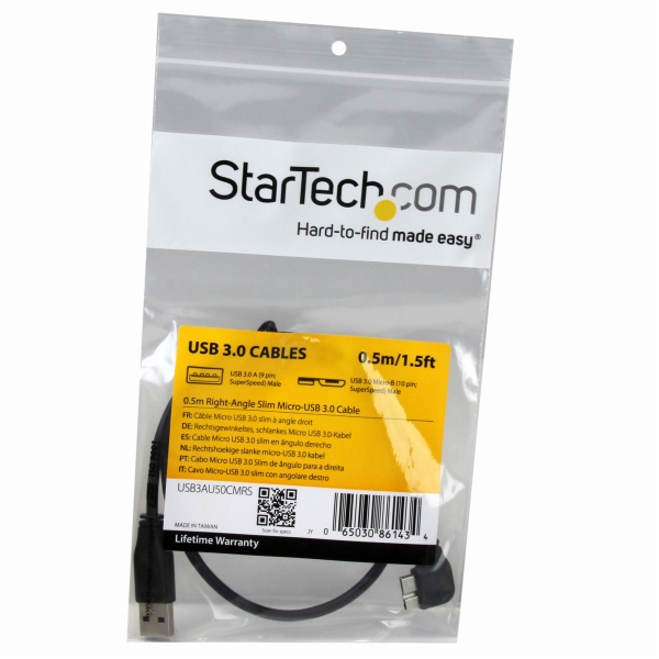 MicroUSB3.0スリムケーブル0.5mL型右向きマイクロUSBケーブルUSB3.0(オス)-MicroB(オス)USB3.1Gen15Gbps