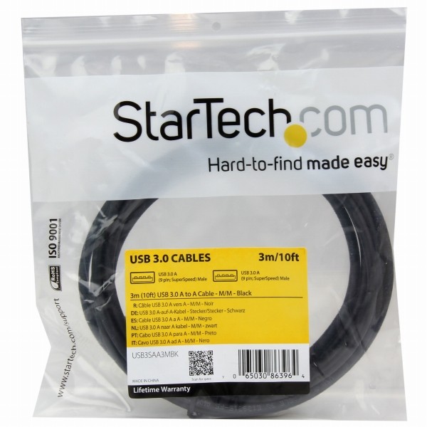 USB3.0ケーブルA(オス)-A(オス)3mブラックUSB3.1Gen1(5Gbps)