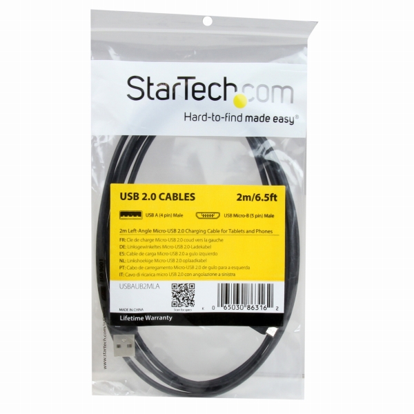充電&同期用MicroUSBケーブル2mL型左向きUSBAオス-USBマイクロオス24AWG