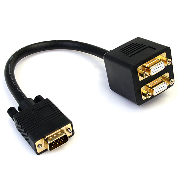 30cmVGAスプリッタ/分配ケーブル1xVGA(高密度D-Sub15ピン)オス-2xVGA(高密度D-Sub15ピン)メス分配器ブラック