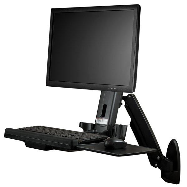 ウォールマウント型昇降デスク1面モニターアームキーボード/マウス台付き座位・立位対応シングルディスプレイアーム