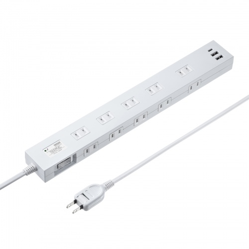 雷タップ 10個口＋USB-A＋Type-C（PD20W）ホワイト・1m