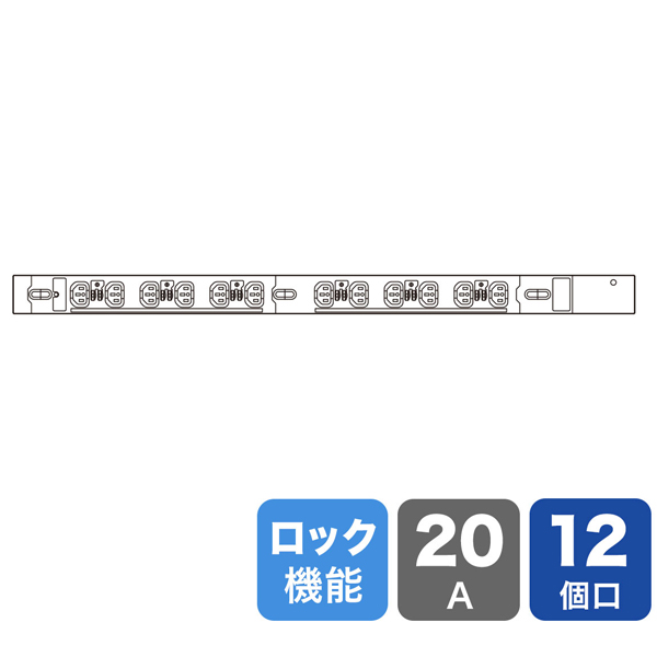 19インチサーバーラック用コンセント 200V（20A） 抜け防止ロック機能付き（IEC C13・12個口・3m）