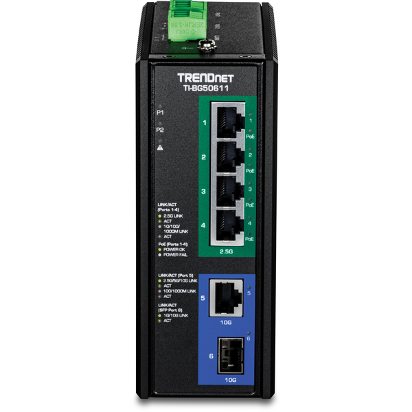 6ポート産業用  2.5G PoE++ DINレールスイッチ 10Gポート付