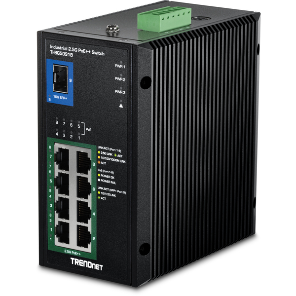 9ポート産業用 2.5G DINレールPoE++スイッチ 10G SFP+ポート付 (24～57V)