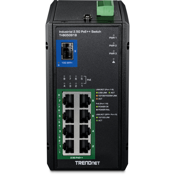 9ポート産業用 2.5G DINレールPoE++スイッチ 10G SFP+ポート付 (24～57V)