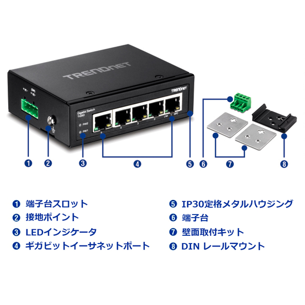 5ポート 堅牢 産業用ギガビットDINレールスイッチ
