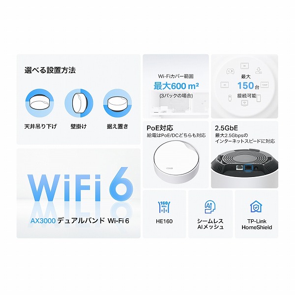 AX3000 PoE対応メッシュWi-Fi 6システム（2パック）