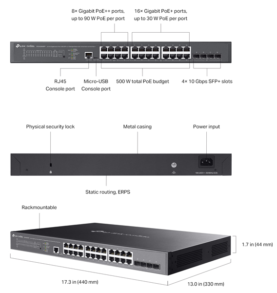 Omada 24ポートギガビット & 4ポート 10GE SFP+ L2+マネージスイッチ（PoE+16ポート & PoE++8ポート搭載）