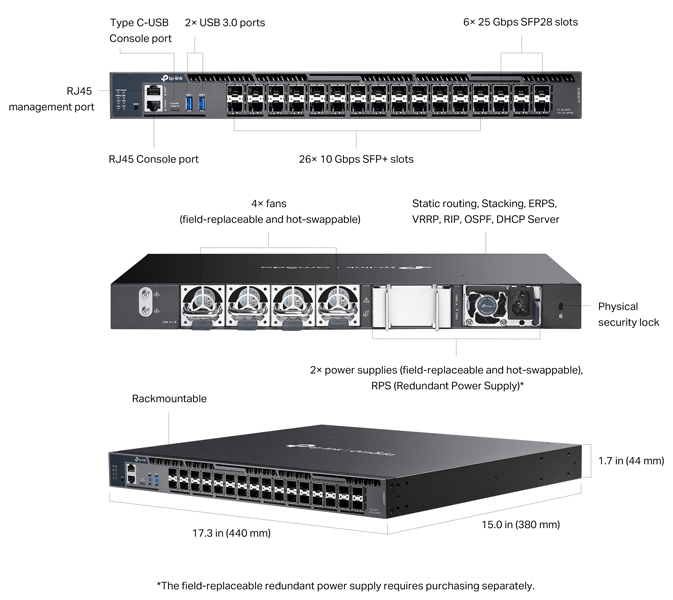 Omada 10Gポート×26 / 25Gスロット×6 スタッカブルL3マネージスイッチ