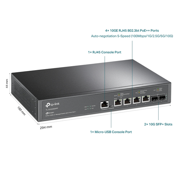 JetStream 6ポート 10GE L2+マネージスイッチ（4 PoE++ポート搭載）/2スロット 10G SFP+