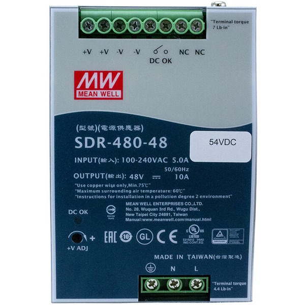 産業用電源 （出力電圧DC48V～55V、入力範囲AC88～264V、最大電力480W）、動作温度-25℃～+70℃
