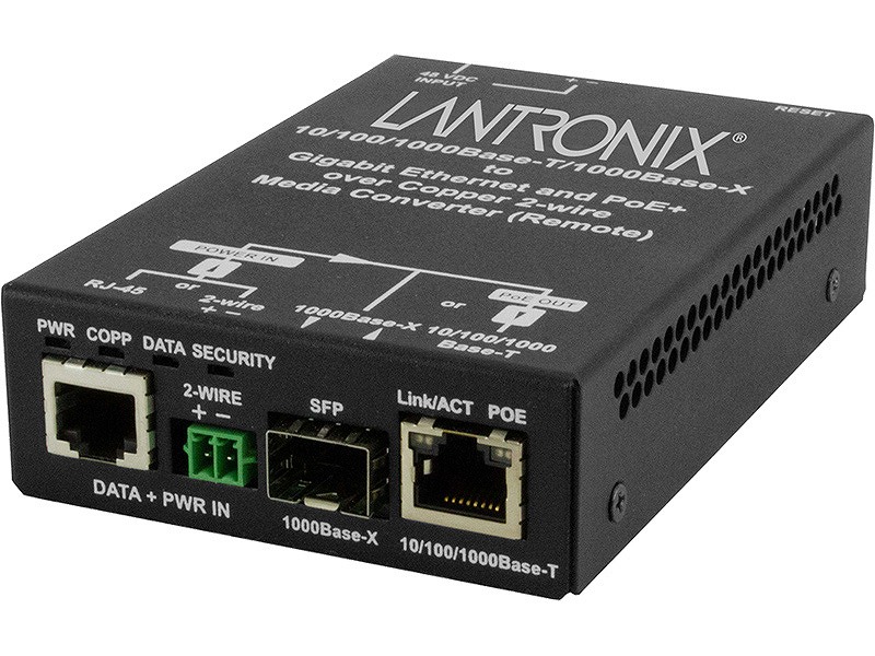 PoE+ イーサネット・エクステンダ リモート側（1ポート）10/100/1000T または2ワイヤー・T/Bコンボ⇔ 1ポート10/100/1000B-T PoE+または 100/1000B-X SFPコンボ