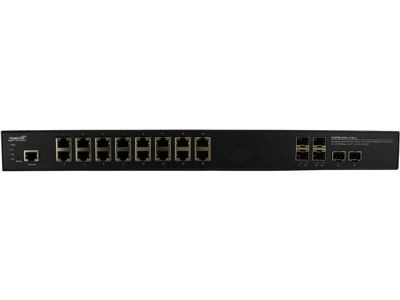 (16) 10/100/1000Base-T PoE+ ports + (4) 100/1000Base-X SFP slots ports + (2) 1G/10GBase-X SFP+ slots 52V - 57 VDC or 100V - 250VAC