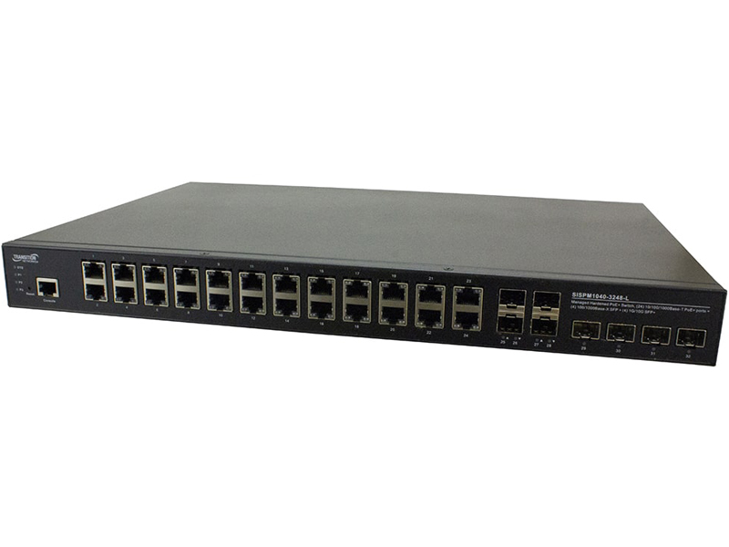 (24) 10/100/1000Base-T PoE+ ports + (4) 100/1000Base-X SFP slots + (4) 1G/10GBase-X SFP+ slots 52V - 57 VDC or 100V - 250VAC