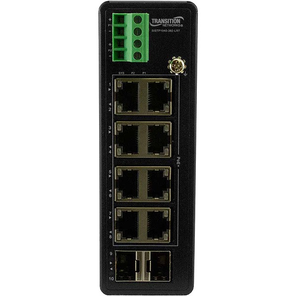 (8) 10/100/1000Base-T PoE+ [100m] ports + (2) 100/1000Base-X SFP slots