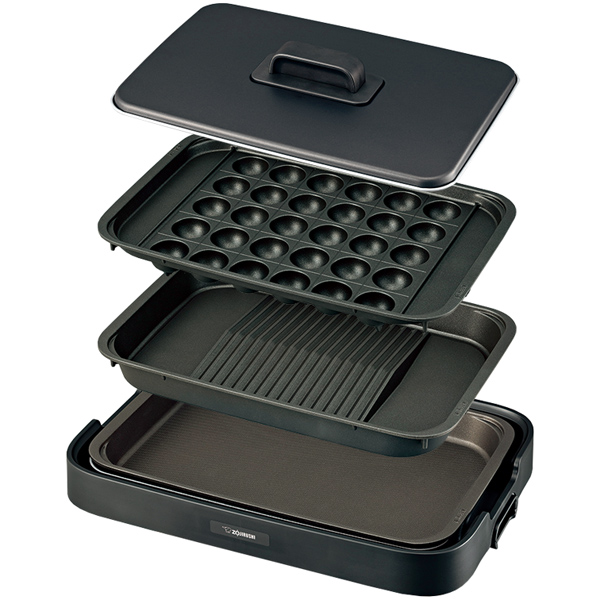 ホットプレート やきやき ブラック 「深型プレート」「傾斜溝つき焼肉プレート」「区切り線つきたこ焼きプレート」の3枚プレート