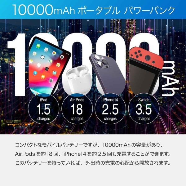 VEGER Power Bank C11 10000mAh 2ケーブル内蔵