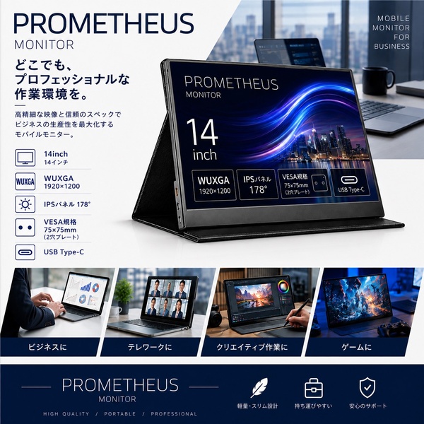 14型ワイド液晶ディスプレイ/1920x1200/USB Type-C、HDMI/ブラック/スピーカー/IPSパネル/ノングレア/スタンド＆画面保護カバー付属