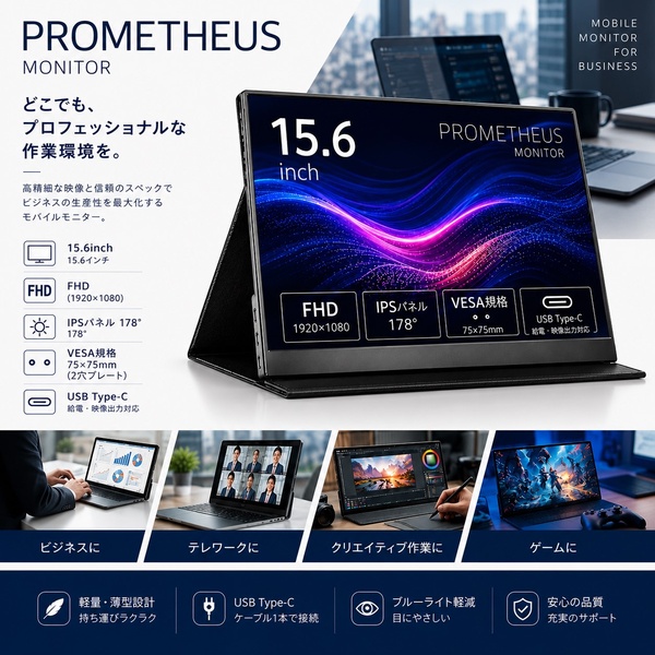 15.6型ワイド液晶ディスプレイ/1920×1080/USB Type-C、HDMI/ブラック/スピーカー/IPSパネル/ノングレア/スタンド＆画面保護カバー付属