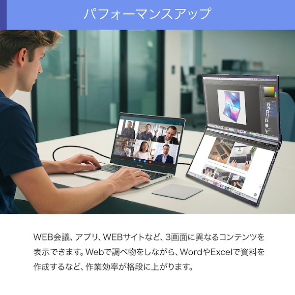 15.6型デュアルワイド液晶ディスプレイ/1920×1080×2画面/USB Type-C、HDMI/ブラック/スピーカー/IPSパネル/ノングレア/折りたたみ式デュアルディスプレイ