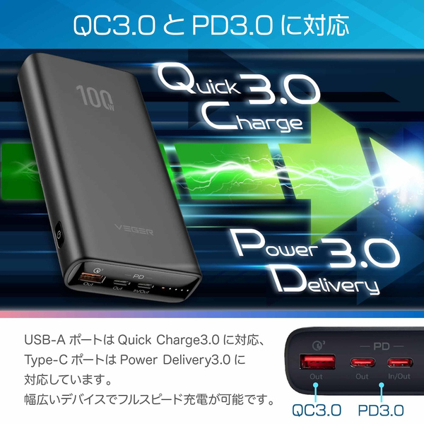 VEGER Power Bank T100 20000mAh 100W出力 大容量モバイルバッテリー 3台同時に充電可能